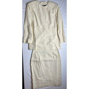 YL By Yair Women’s Cream Blazer Skirt Set W/ Stitching Padded Shoulders Size 12